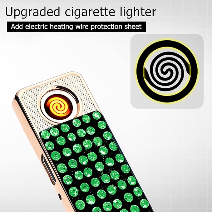 Rhinestone Lighter Electric Lighter Rechargeable Bling Glitter USB Lighter Flameless Girls Lighter for Women (Green)