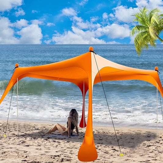 Buheco Beach Tent Pop Up Shade 7x7.5ft Beach Canopy Sun Shelter UPF50+ with 4 Foldable Poles-Portable Carrying Bag-Sand Shovel-Ground Pegs-Windproof Ropes for Outdoor Family Camping-Fishing- Picnic