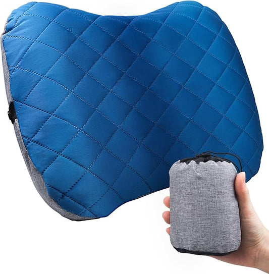 Inflatable Camping Pillow with Removable Cover - Ultralight Compact Camp Pillows for Sleeping, Backpacking, Hiking, Beach, Outdoor - Portable Blow Up Air Travel Pillow for Neck & Lumbar Support - Blue