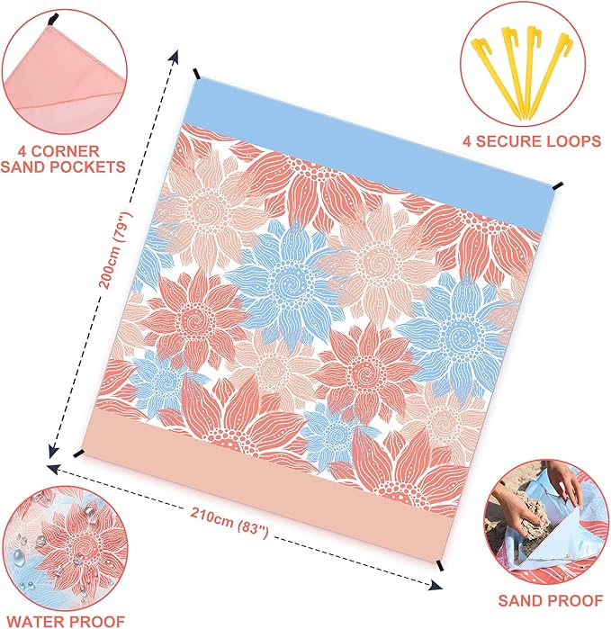Beach Blanket Sandproof Extra Large Beach Mat Adults Waterproof Quick Drying Sand Free Mat Made by Premium Polyester with 4 Stakes & 4 Corner Pockets for Outdoor Travel Camping Hiking
