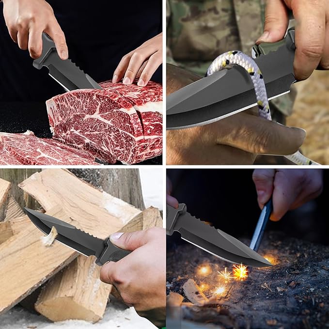 Fixed Blade Outdoor Duty Straight Knife, Tactical Survival Knife with Waist Clip,Camping Gift for Men MHT1-Z (Black)