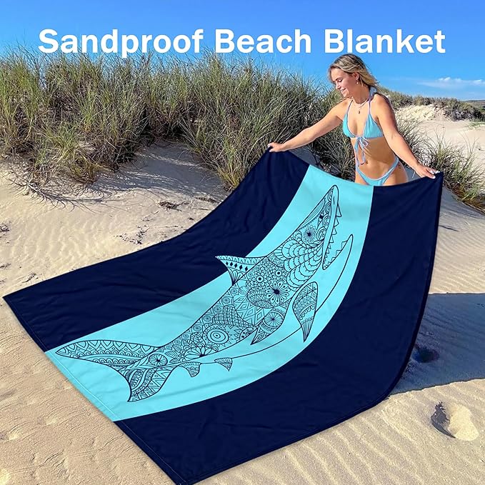 78''×86'' Large Beach Blanket Sandproof, Waterproof Sand Free Beach Mat 4 Adults w/ 4 Stakes & Pockets, Lightweight Foldable Outdoor Picnic Blanket for Camping, Travel, Hiking Accessories - Navy Shark
