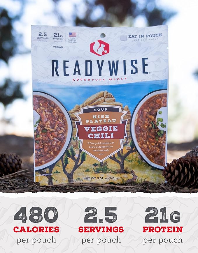 READYWISE - Adventure Meal, Veggie Chili Soup, 2 Servings, Pack of 1, Emergency Preparedness, Freeze Dried Food, MRE, Snack Pack or Emergency Food, Backpacking, Camping, Hiking, and, Survival Food