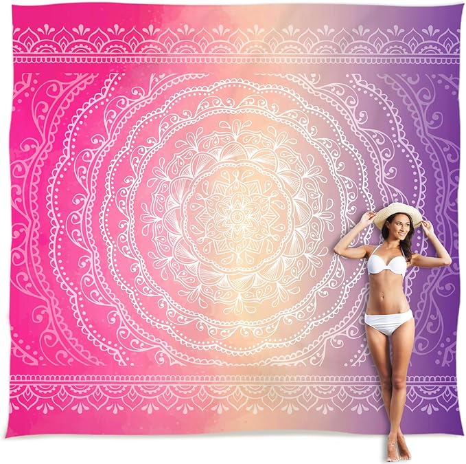Sunlit 10'x9' Extra Large Boho Sand Proof Beach Blanket, Sand Proof Mat with Corner Pockets and Mesh Bag for Beach Party, Travel, Camping and Outdoor Music Festival, Purple and Red Mandala