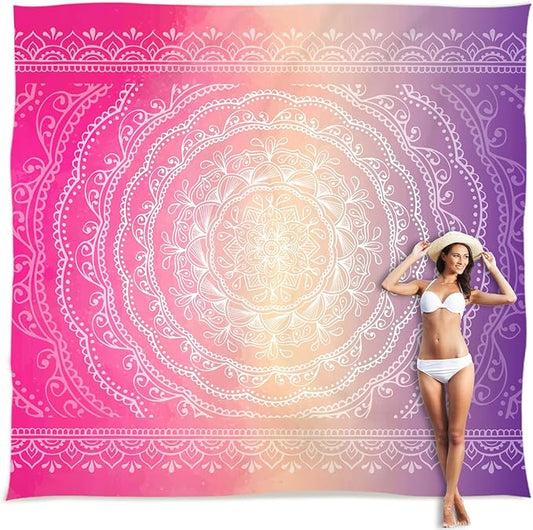 Sunlit 10'x9' Extra Large Boho Sand Proof Beach Blanket, Sand Proof Mat with Corner Pockets and Mesh Bag for Beach Party, Travel, Camping and Outdoor Music Festival, Purple and Red Mandala