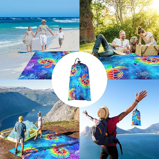 78''×86'' Large Beach Blanket 4 Adults, Sand Free Waterproof Outdoor Beach Mat with 4 Stakes & 4 Pockets, Polyester Lightweight Foldable Picnic Blanket for Travel, Camping, Hiking - Galactic Turtles