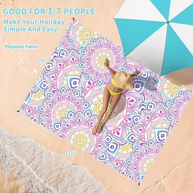 BYDOLL Beach Blanket Waterproof Sandproof 78''×110'' 1-7 Adults Oversized Lightweight Waterproof Sandproof Blanket Large Mat Beach Blanket for Beach Travel Camping Hiking Picnic