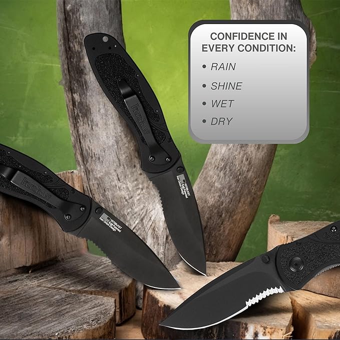 Worldwide Nutrition Bundle: Kershaw Blur Black Serrated Folding Knife - 3.4” 14C28N Steel Blade, Reversible Pocket Clip, EDC - All-Black Body with Trac-Tec Grip - 3.9OZ Pocket Knife for Men