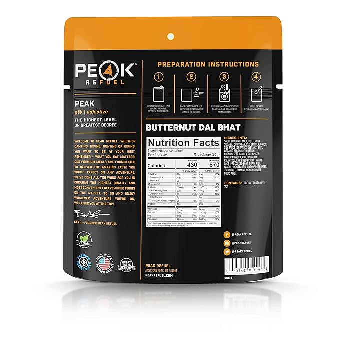 Peak Refuel Butternut Dal Bhat | Freeze Dried Backpacking and Camping Food | Amazing Taste & Quality | High Protein | Real Meat | Quick Prep (6-Pack)