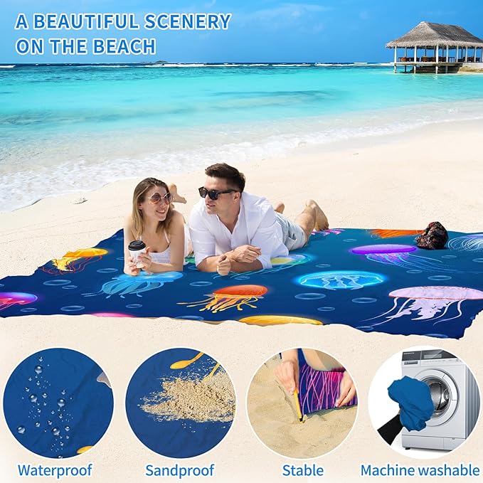 BYDOLL Beach Blanket Jellyfish Sandproof Waterproof 78''×81''1-4 Kids Adults Compact Lightweight Oversized Blanket Large Picnic Mat Beach Blanket for Travel Camping Hiking Picnic