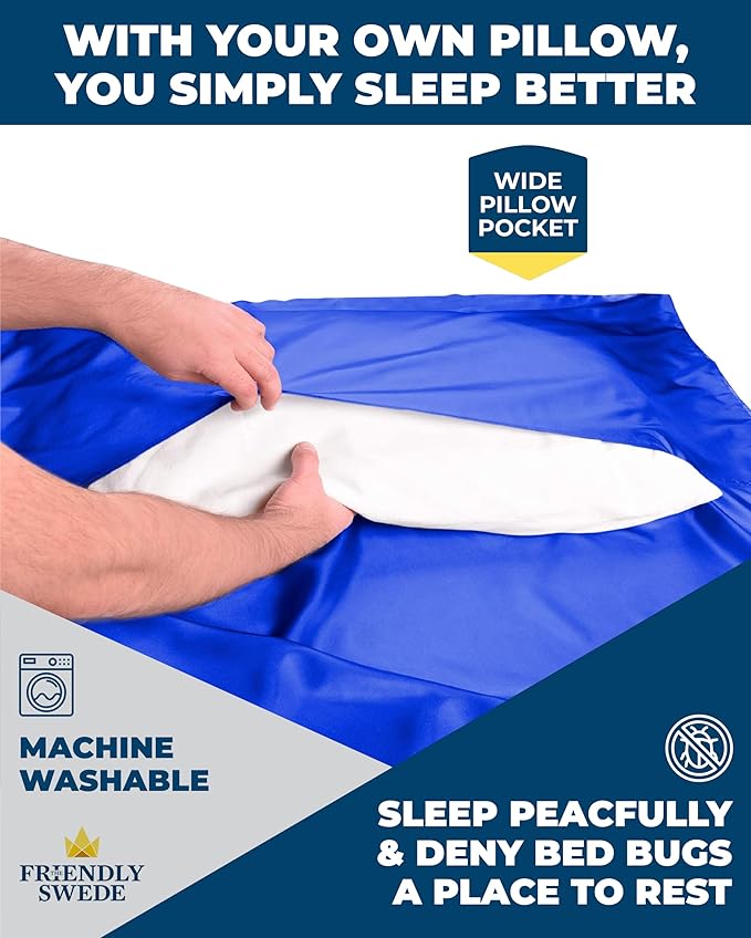 The Friendly Swede Sleeping Bag Liner Ultralight - Thin Travel Sheets for Hotel; Silky Feel Camping Sheets & Adult Sleep Sack for Backpacking and Hiking; Travel Sleeping Bag - Blue (Velcro)