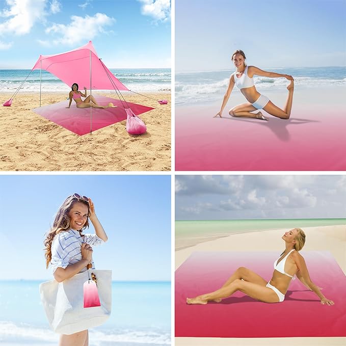 Beach Blanket Waterproof Sandproof, 110''×118'' Extra Large Beach Mat for 8 Adult, Gradient Pink Picnic Blankets w/Stakes, Compact Quick Drying Outdoor Blanket for Travel, Camping, Hiking