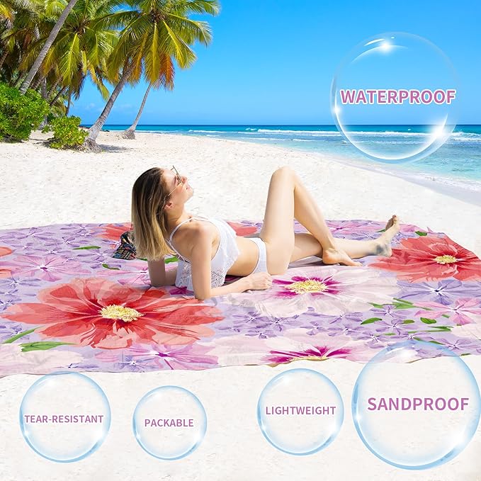 BYDOLL Beach Blanket Sandproof Waterproof 78''×81'' 1-4 Adults Compact Lightweight Oversized Beach Blanket Large Picnic Mat Beach Blanket for Travel Camping Hiking Picnic
