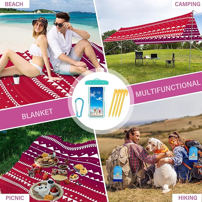 BYDOLL Beach Blanket Sandproof Waterproof Boho 78''×81''1-4 Adults Compact Lightweight Oversized Beach Blanket Large Picnic Mat Blanket for Travel Camping Hiking Picnic