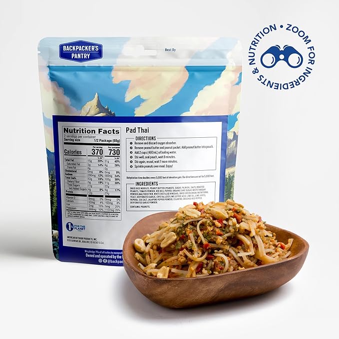 Mountain House Veggie Chorizo Breakfast Scramble 2-Servings & Backpacker's Pantry Pad Thai Vegan Gluten Free 1 Count Freeze-Dried Backpacking & Camping Food