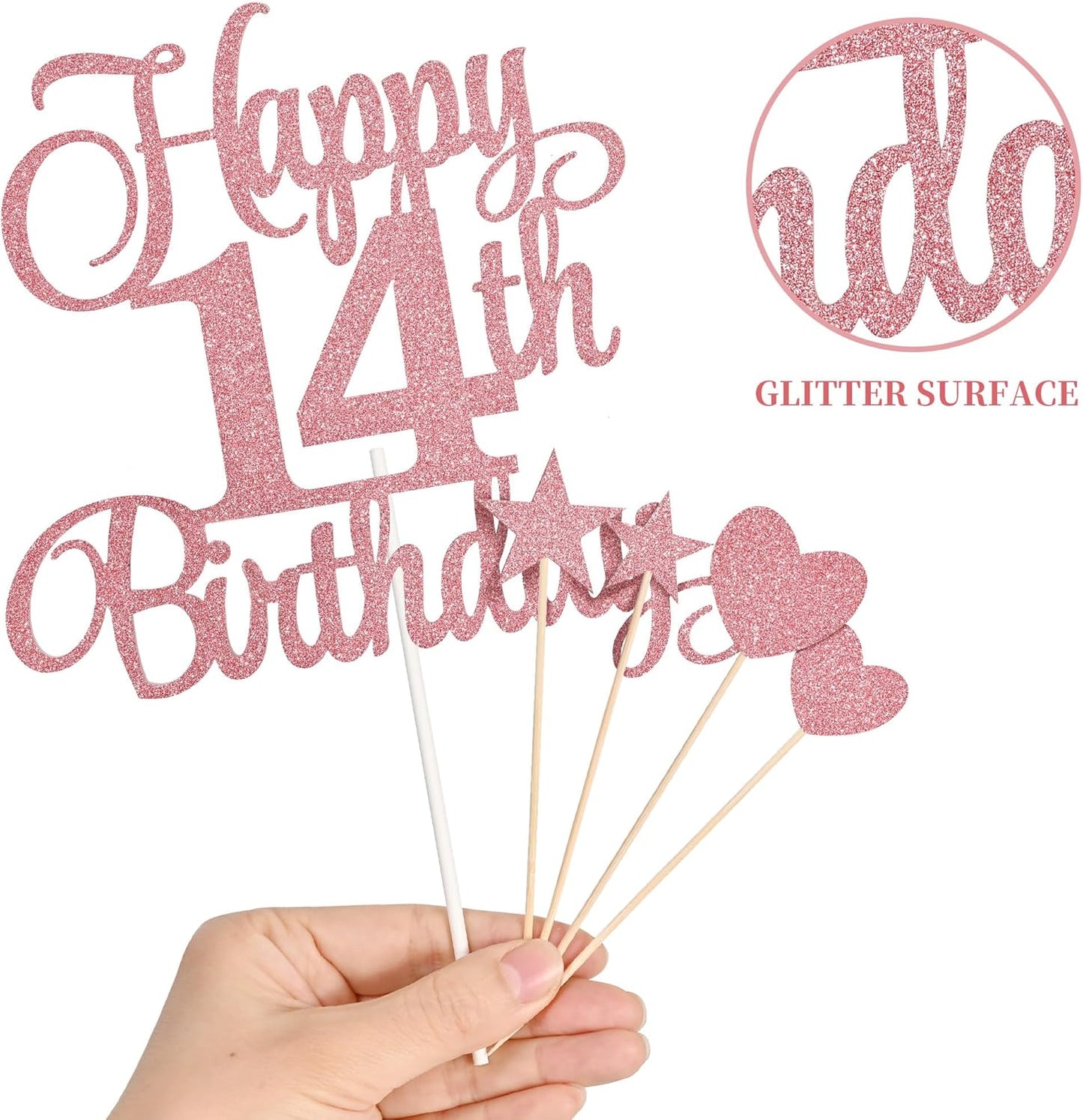 14th Birthday Cake Decorations, 14th Birthday Candles Cake Numeral Candles and Glitter Happy 14th Birthday Cake Toppers Set for Birthday Party Supplies (Rose Gold)