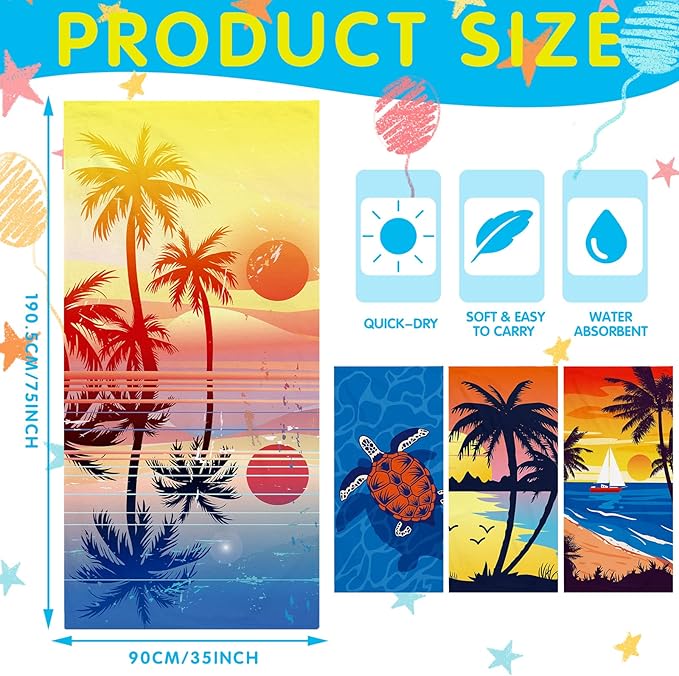 Haull 4 Pack Soft Oversized Microfiber Beach Towel Set Extra Large Pool Bath Towels Absorbent Quick Drying Camping Towel Bulk Beach Accessories for Swimming Beach (75 x 35 Inch, Simple)
