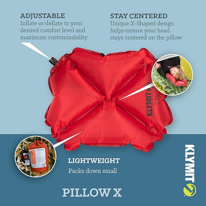 Klymit Pillow X Travel Pillow, Lightweight Inflatable Hybrid Airplane, Backpacking, Hammock, and Camping Pillow