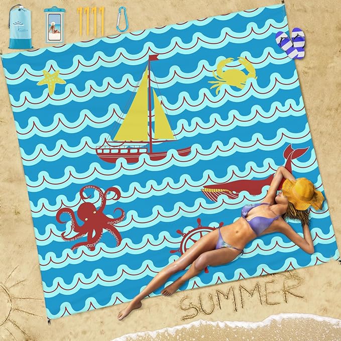 Beach Blanket Sandproof Waterproof 78''×81''1-5Adults Oversized,Compact Lightweight Durable Beach Mat for Travel Camping Hiking Picnic Blanket