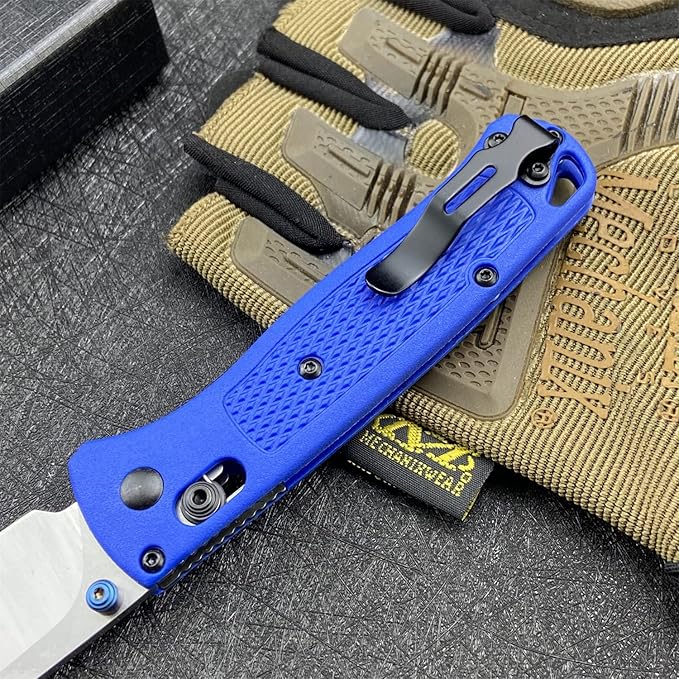 HUAAO Thumb Open Bugout Knife, Satin Plain Red Grivory Fiberglass Handle, Axis Lock Knife with Belt Clip, Everyday Carry Thumb Studs Manual Open (Blue)