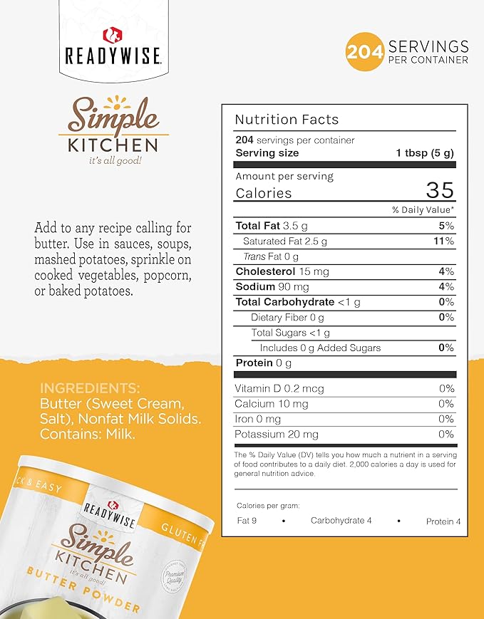 READYWISE - Simple Kitchen, Butter Powder, 204 Servings, Long Term Food Supply, Canned Butter, Baking Supplies, Survival Food, Camping Meals, 10 Can Powdered Butter, Dry Butter for Pantry