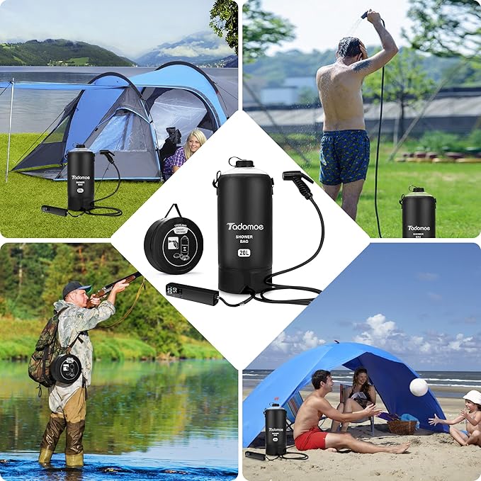 Portable Shower by Tadomoe, 5 Gallons/20L Camping Shower Bag with Portable Shower Pump,Solar Shower with Hot Water,Leak Proof Handy Nozzle Temperature Indicator for Beach Trip, Camping and Hiking