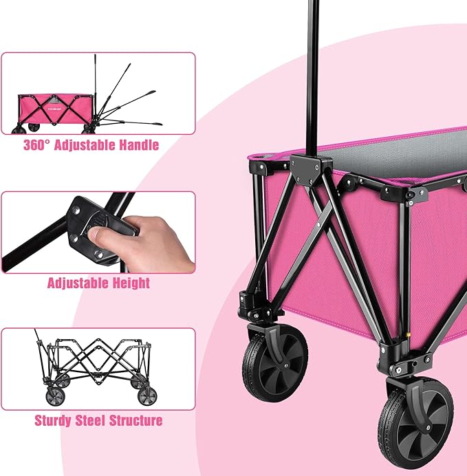 HAUSHOF Heavy Duty Collapsible Wagon, Folding Outdoor Utility Wagon, Camping Garden Beach Cart with Universal Quick Release Wheels, Adjustable Handle, 176 lbs Load Capacity, Pink