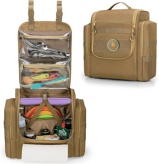 Large Tactical Camping Kitchen Organizer, Hanging Cookware Storage Bag with Paper Towel Holder & Multi Pockets, Portable Camp Utensil Organizer for BBQ Cooking Essentials, Khaki, Bag Only