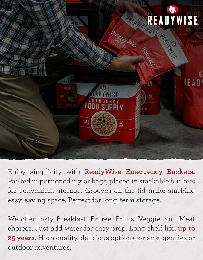 READYWISE - Meat Variety Bucket, 60 Servings, Emergency, MRE Meal Food Supply, Premade, Freeze Dried Survival Food for Hiking, Adventure & Camping Essentials, Individually Packaged, 15 Year Shelf Life