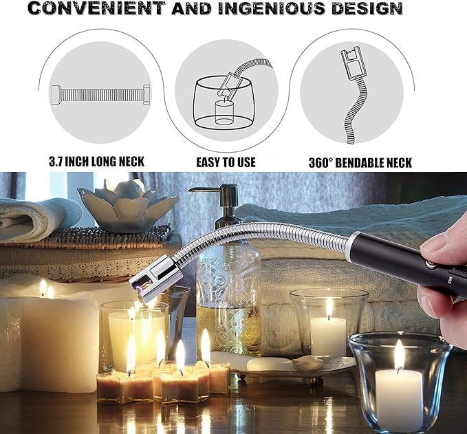 Lighter, Rechargeable Candle Lighter Grill Lighter Electric Arc Lighter with Flexible Neck, LED Battery Display Safety Switch for Candle Camping Cooking BBQs Fireworks (Black)