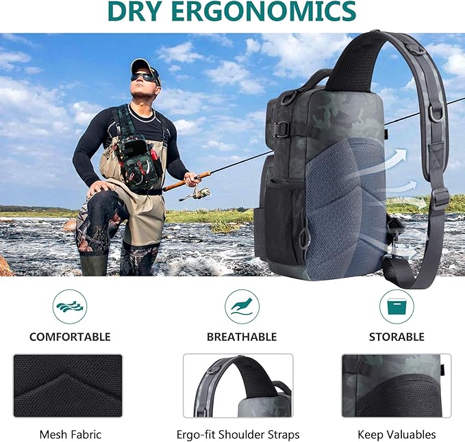 NEW VIEW Fishing Sling Bag, Waterproof Sling Pack with Rod Holder, Versatile Storage Fly Fishing Bags for Men, Small Shoulder Pack for Streams & Rivers