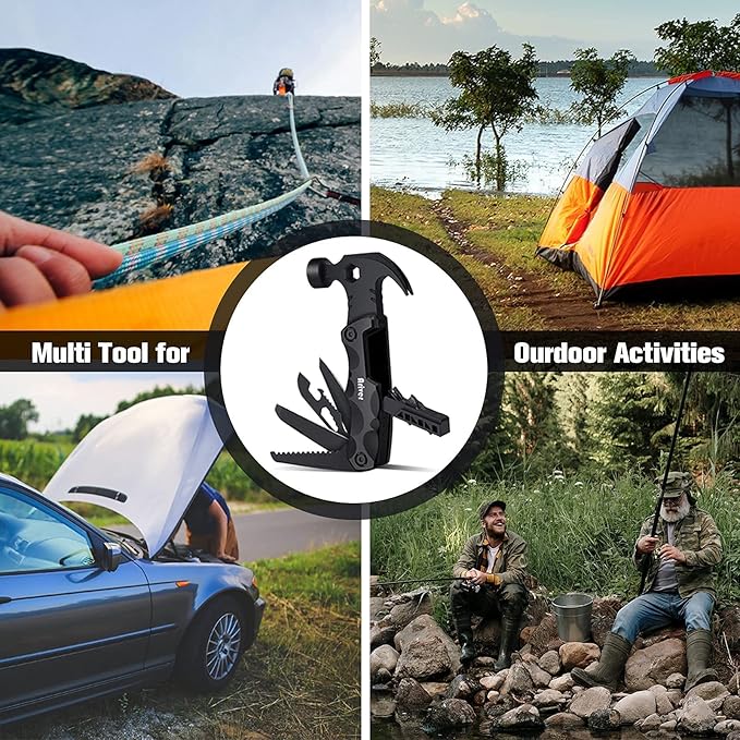 Multitool Camping Accessories, 13 in 1 Hammer Multitool and Key Shaped Pocket Tool, Survival Tool with screwdrivers, Safety Lock, Gifts for Him Men Husband Dad Boyfriend