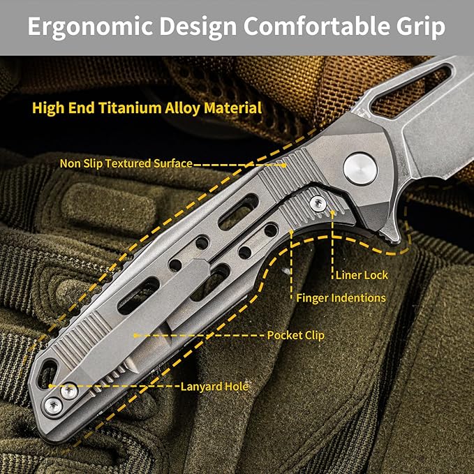 HX OUTDOORS Foldable Pocket Knife with Lock, High End S35VN Steel Folding Knife with Non Slip Titanium Alloy Handle(Silver)
