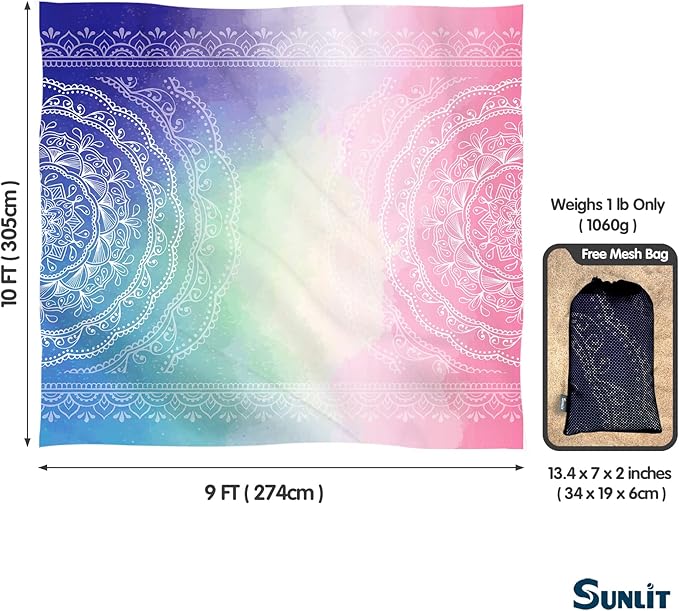 Sunlit 10'x9' Extra Large Boho Sand Proof Beach Blanket, Sand Proof Mat with Corner Pockets and Mesh Bag for Beach Party, Travel, Camping and Outdoor Music Festival, Blue and Pink Mandala