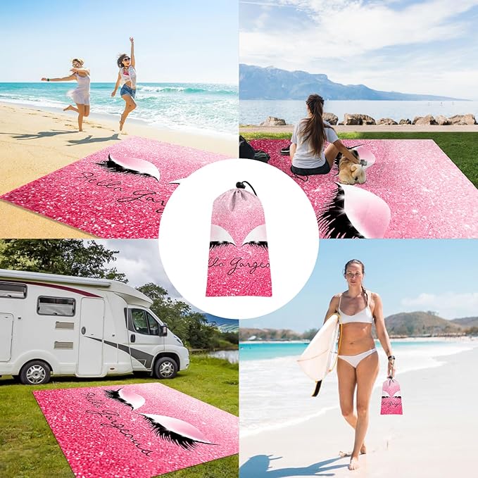 Pink Beach Blanket Waterproof Sandproof, Oversized 78”x 86” Large Foldable Outdoor Picnic Blanket 1-4 Adults, Lightweight Sand Free Beach Mat w/ 4 Stakes for Travel, Camping, Hiking - Gorgeous Eyes
