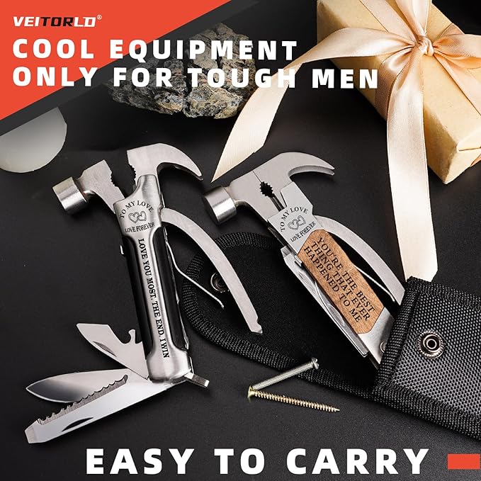 VEITORLD Gifts for Husband Boyfriend Him, Anniversary Birthday Gift Ideas for Men Him, All in One Tools Mini Hammer Multitool with Engraved Wooden Box, Cool Gadgets Camping Accessories Survival Gear