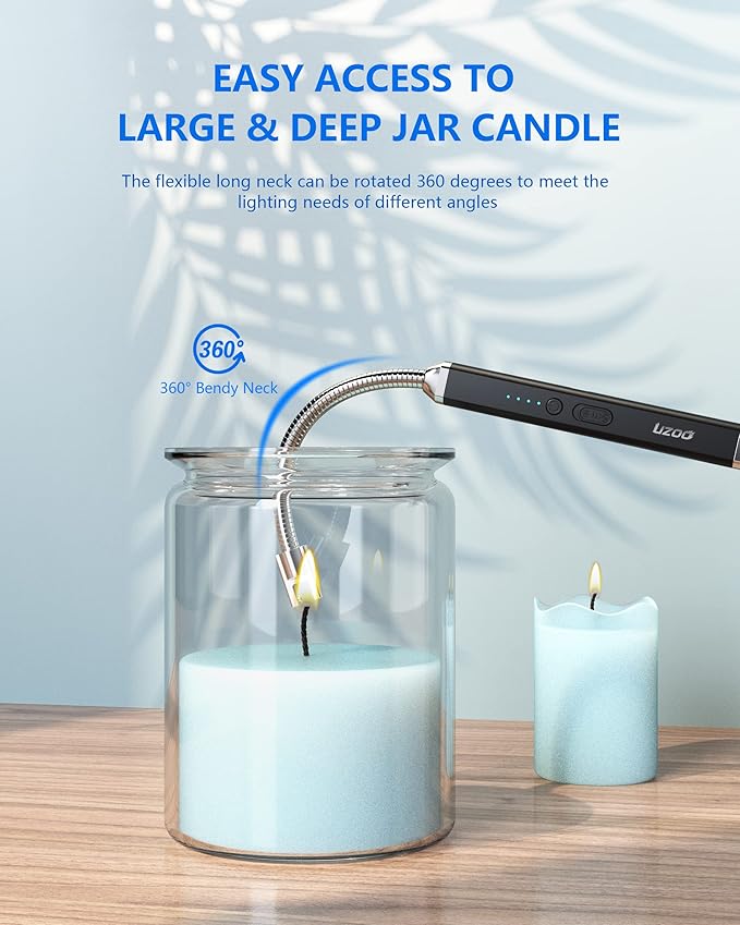 long lighter, Candle Lighters Electric Lighter, Rechargeable Arc Lighter with LED Display, 360° Flexible Neck Flameless Grill Lighters for Candle Aromatherapy Camping BBQ Gas Stoves-Deep Black