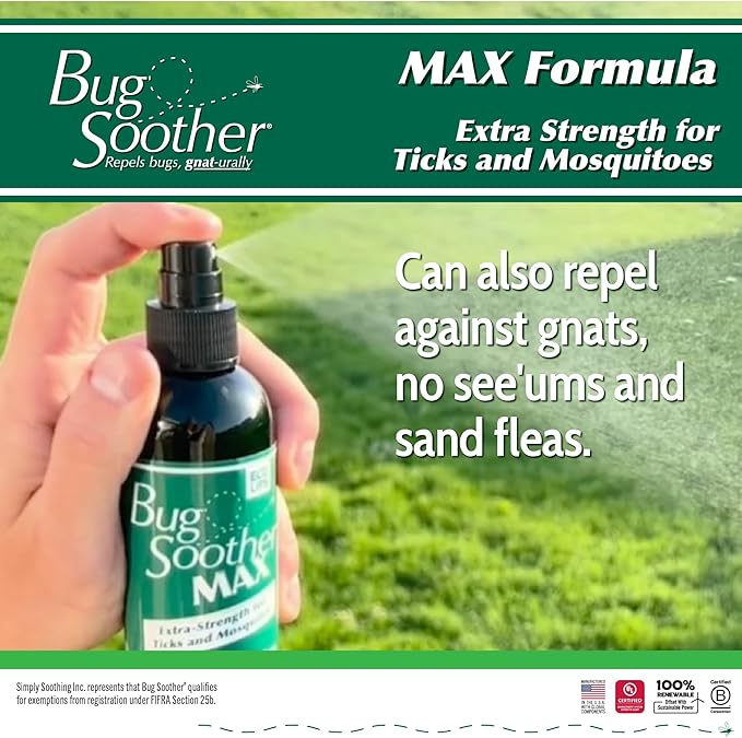 Bug Soother MAX - Extra Strength Natural Gnat, Tick, and Mosquito Repellent, 2 Pack 8 fl oz w/Free 1 oz. DEET-Free Bug Spray Deterrent - Safe for Adults & Environment - Made in USA