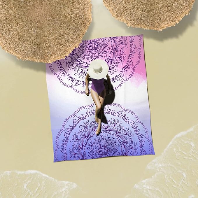 Sunlit Silky Soft 85"x72" Boho Sand Proof Beach Blanket Sand Proof Mat with Corner Pockets and Mesh Bag for Beach Party, Travel, Camping and Outdoor Music Festival, Purple Lines Pink Mandala