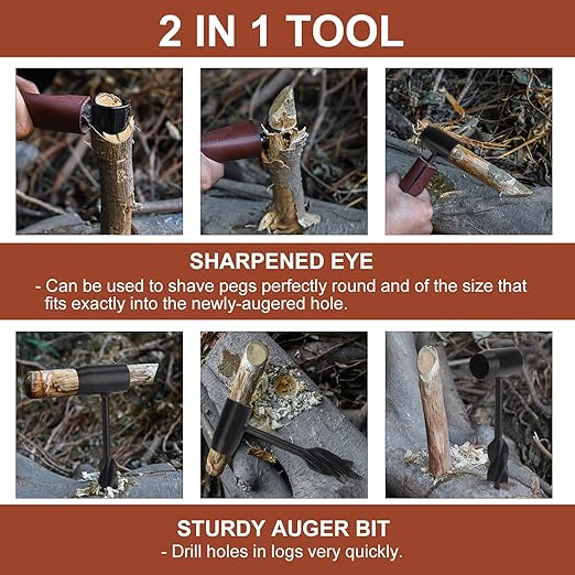Kosibate Hand Auger Wrench, Bushcraft Survival Multi-Tool, Scotch Eye Wood Drill & Peg Hole Maker for Camping, Bushcrafting & Outdoor Backpacking