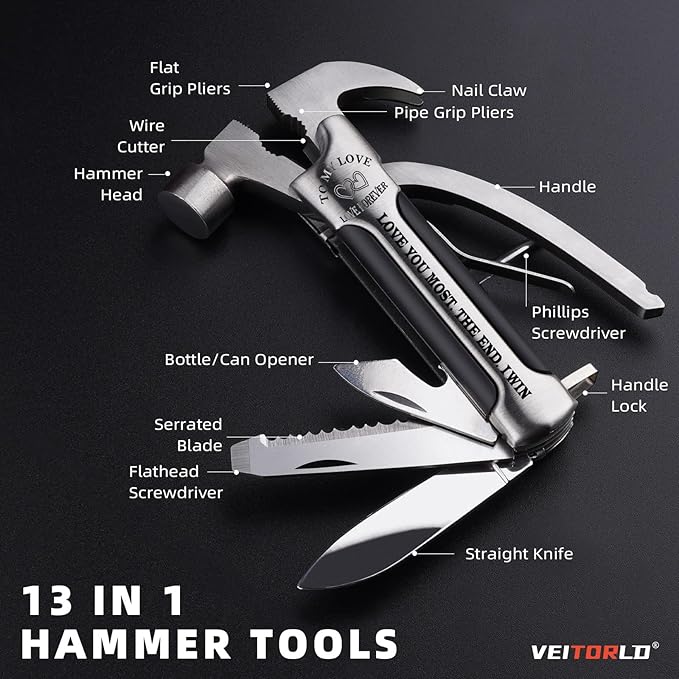 VEITORLD Gifts for Husband Boyfriend Him, Anniversary Birthday Gift Ideas for Men Him, All in One Tools Mini Hammer Multitool with Engraved Wooden Box, Cool Gadgets Camping Accessories Survival Gear