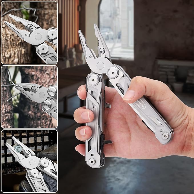 RoverTac Multitool Pliers 16-in-1 Multi Tool Pocket Knife Multitool Knife Tactical EDC Gear Spring-loaded Pliers Scissors Knife Wire Cutter/Stripper Saw Bottle/Can Opener Screwdrivers Pocket Multitool