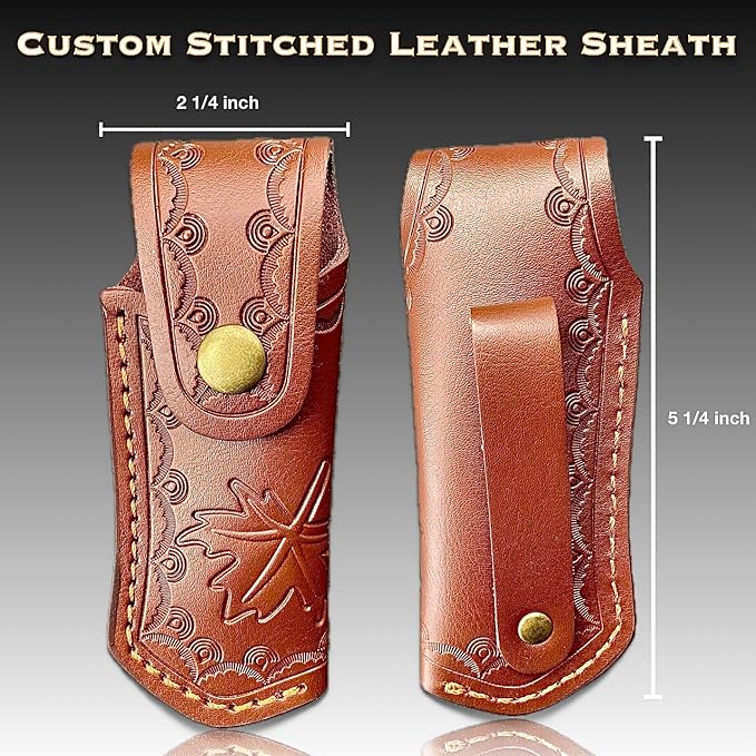 TACTICAL GEARZ Pocket Folding Knife w/Damascus Blade! Rosewood/Steel Handle, Includes Custom Stitched Leather Sheath! (Keno)