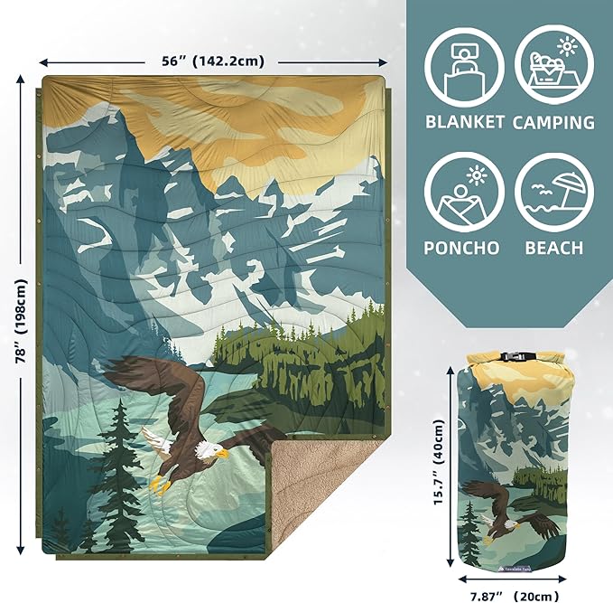 Outdoor Camping Blanket - Puffy Ultralight Packable Blankets for Sleeping, Camp, Travel, Hiking, Stadium, Sherpa Fleece Warm Puffer Portable Camping Quilt, DWR,Machine Washable,56"x 78"