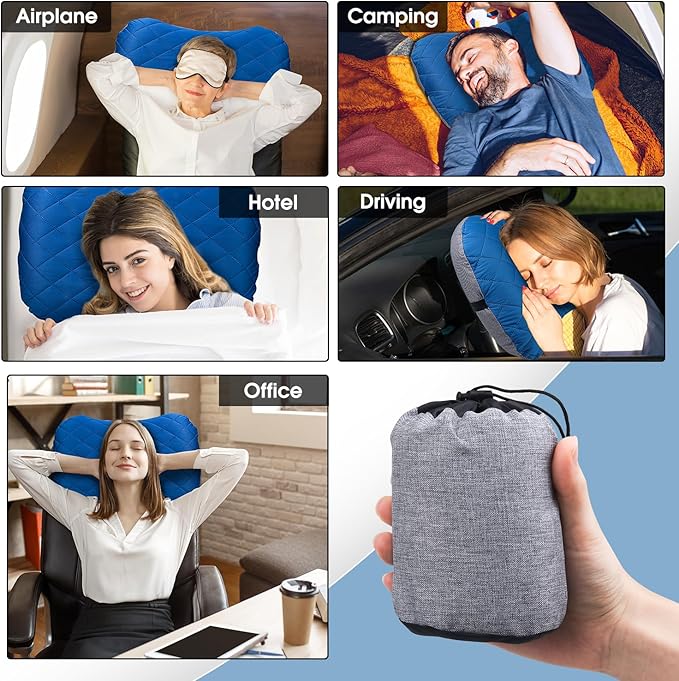 Inflatable Camping Pillow with Removable Cover - Ultralight Compact Camp Pillows for Sleeping, Backpacking, Hiking, Beach, Outdoor - Portable Blow Up Air Travel Pillow for Neck & Lumbar Support - Blue