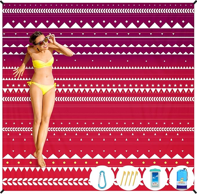 BYDOLL Beach Blanket Sandproof Waterproof Boho 78''×81''1-4 Adults Compact Lightweight Oversized Beach Blanket Large Picnic Mat Blanket for Travel Camping Hiking Picnic