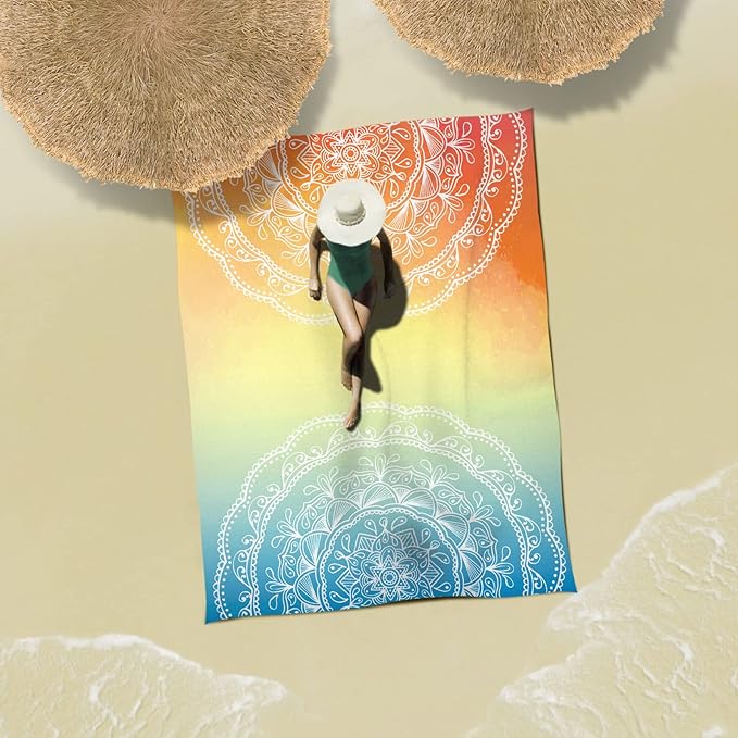 Sunlit Silky Soft 106"x81" Boho Sand Proof Beach Blanket Sand Proof Mat with Corner Pockets and Mesh Bag for Beach Party, Travel, Camping and Outdoor Music Festival, Light Orange and Sky Blue Mandala
