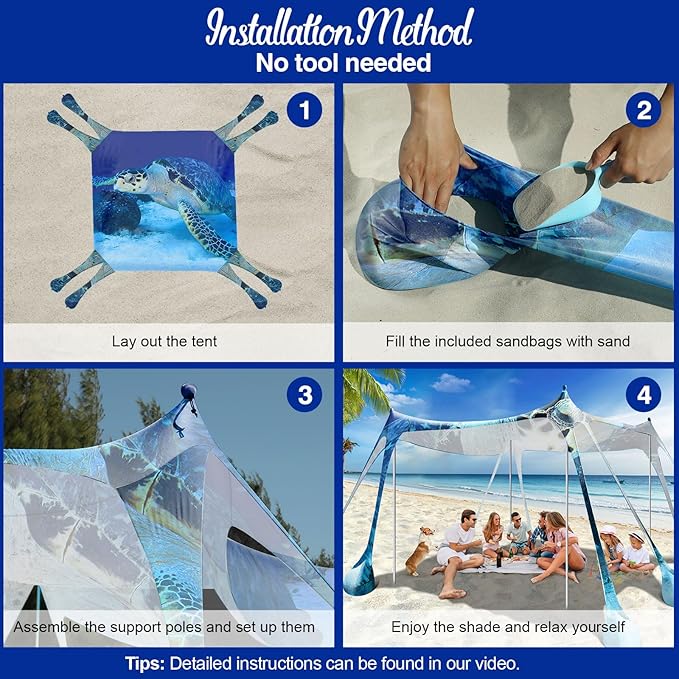 Rhino Valley Beach Tent Sun Shelter, Beach Canopy Tent Sun Shade UPF50+ Protection with 8 Sandbags 4 Stability Poles, Outdoor Beach Shade Canopy for Beach, Camping, Fishing