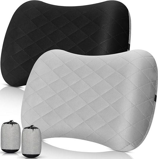 2 Pack Camping Pillow Inflatable Travel Pillow with Removable Cover Backpacking Pillow Blow up Pillow Neck Air Pillow Compressible for Lumbar Support, Travel, Hiking, Black and Grey