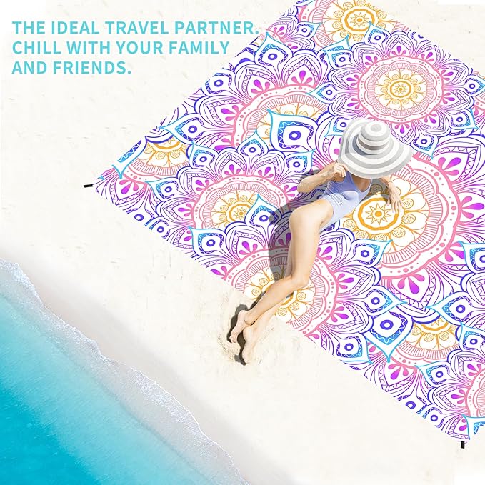 BYDOLL Beach Blanket Waterproof Sandproof 78''×110'' 1-7 Adults Oversized Lightweight Waterproof Sandproof Blanket Large Mat Beach Blanket for Beach Travel Camping Hiking Picnic